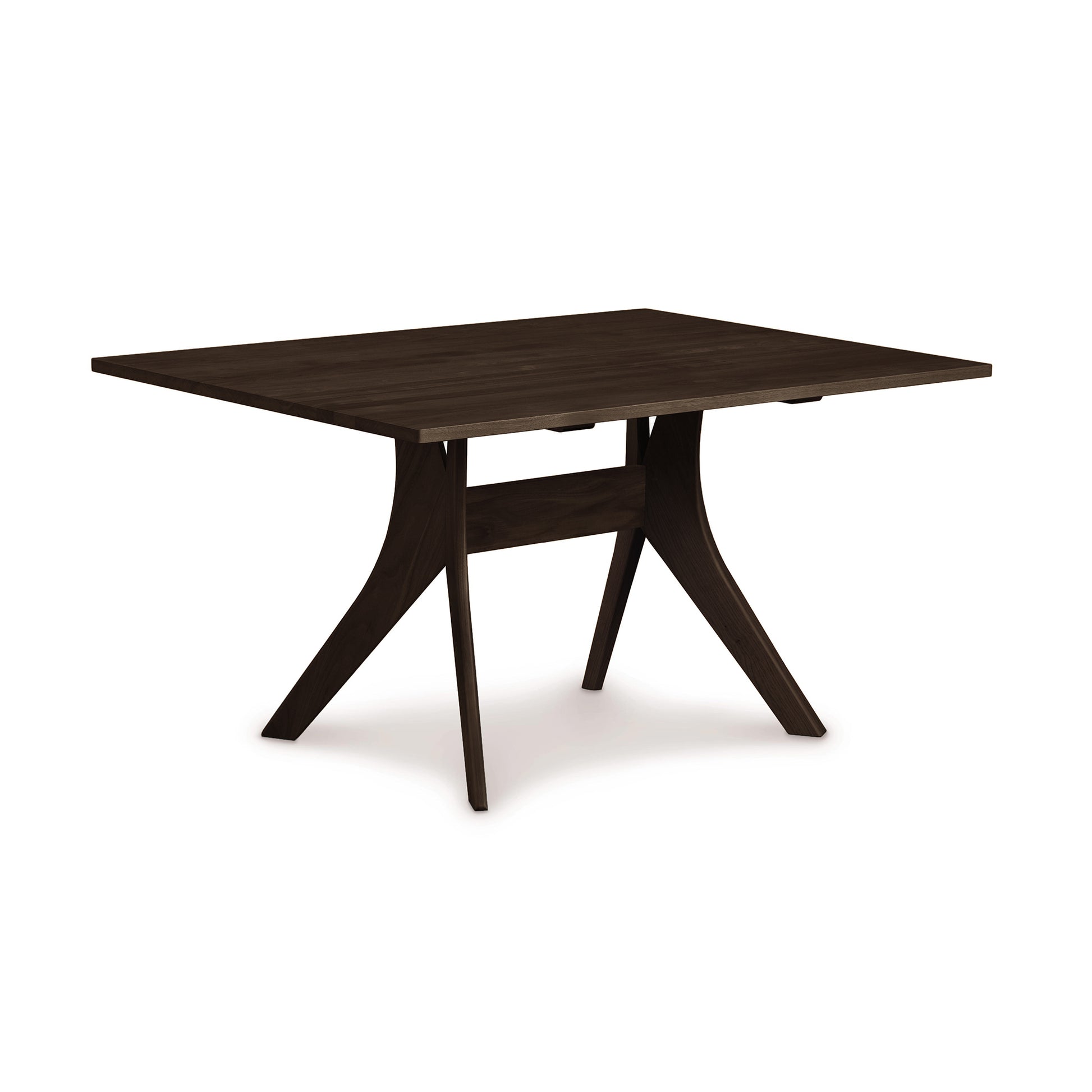 A dark brown hardwood Audrey Solid Top dining table with angled legs and a rectangular top, isolated on a white background by Copeland Furniture.