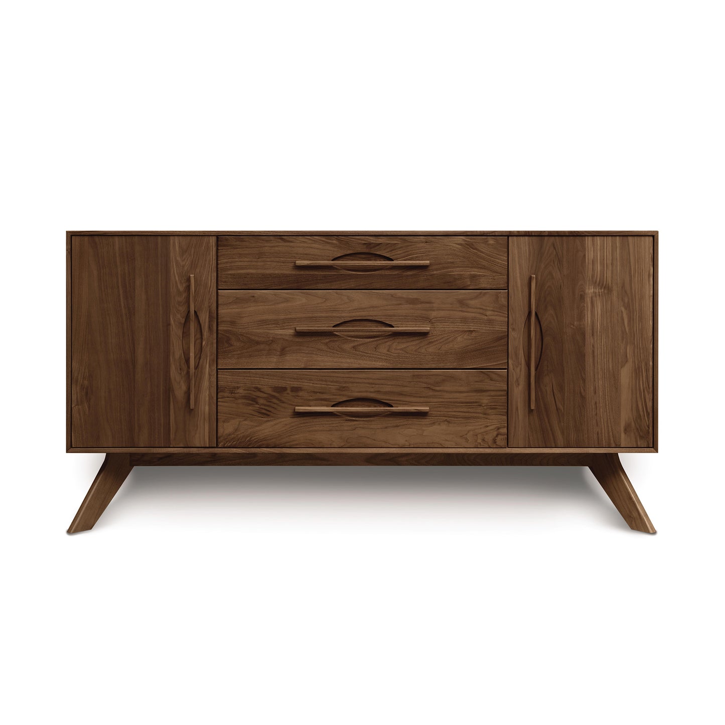 A modern Copeland Furniture Audrey 2-Door 3-Drawer buffet with angled legs on a white background.