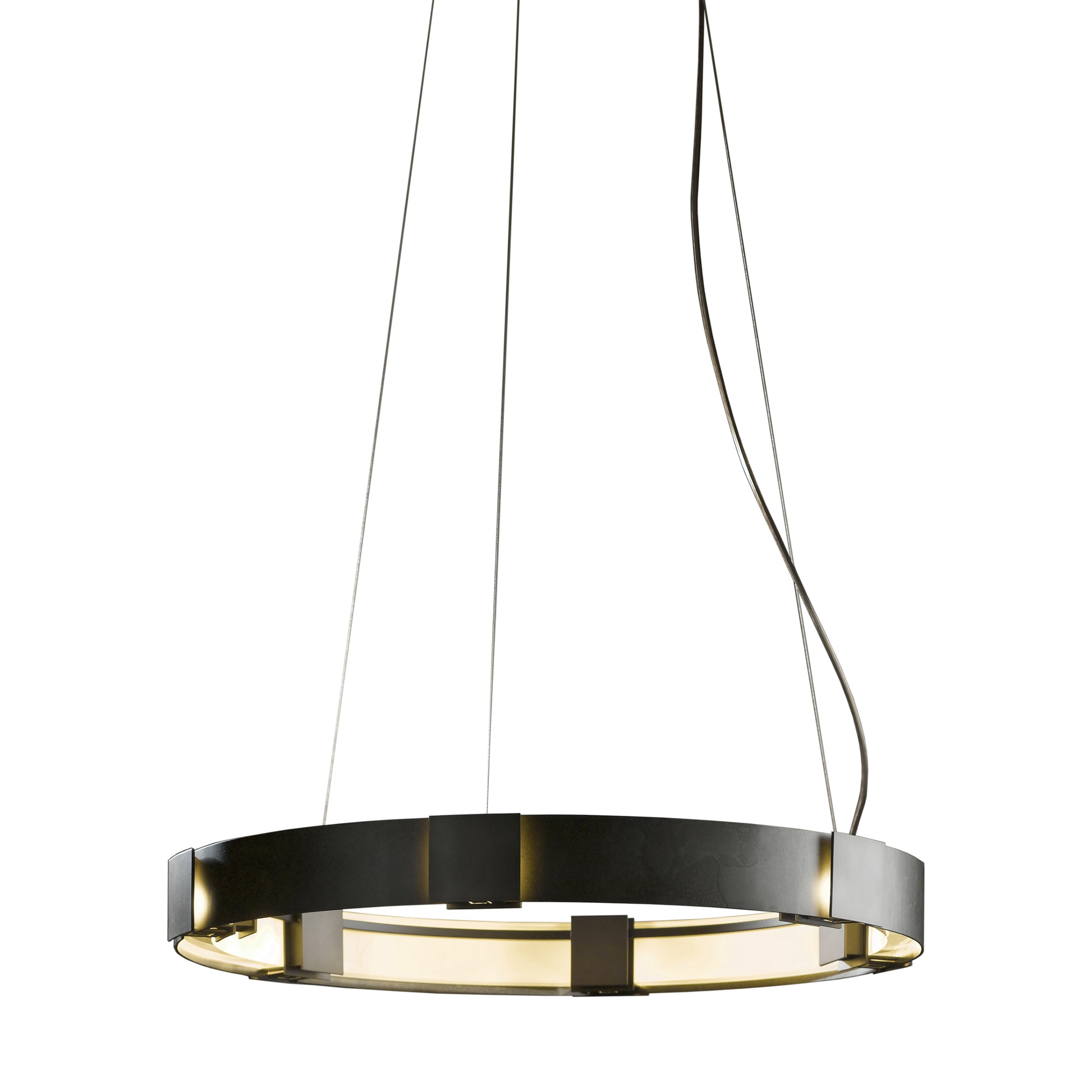 The Hubbardton Forge Aura Pendant features a sleek and modern circular shape, crafted by Vermont artisans.