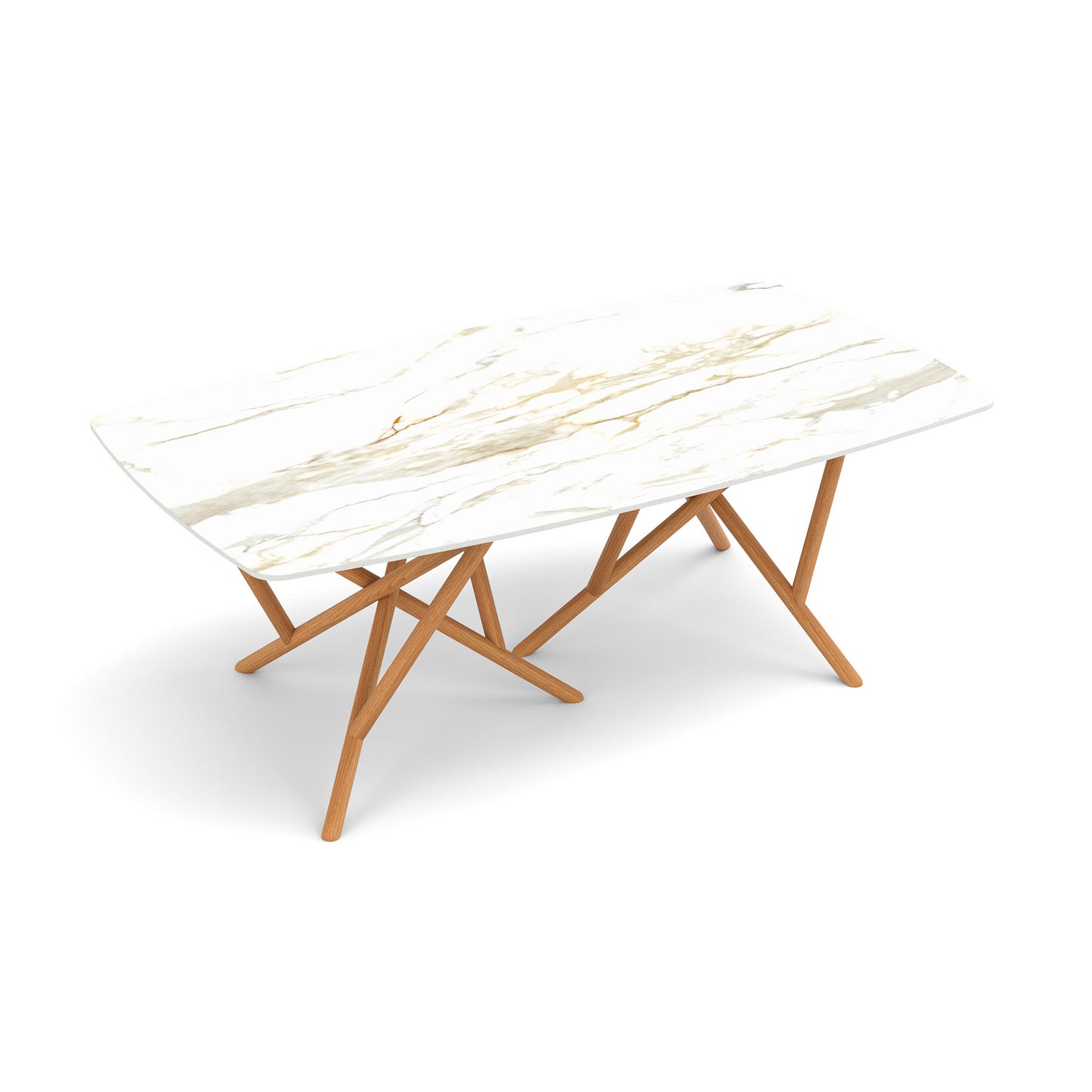 American made modern dining table featuring a white sintered stone top and unique wood crisscross legs, inspired by Copeland Furniture’s Baton table.