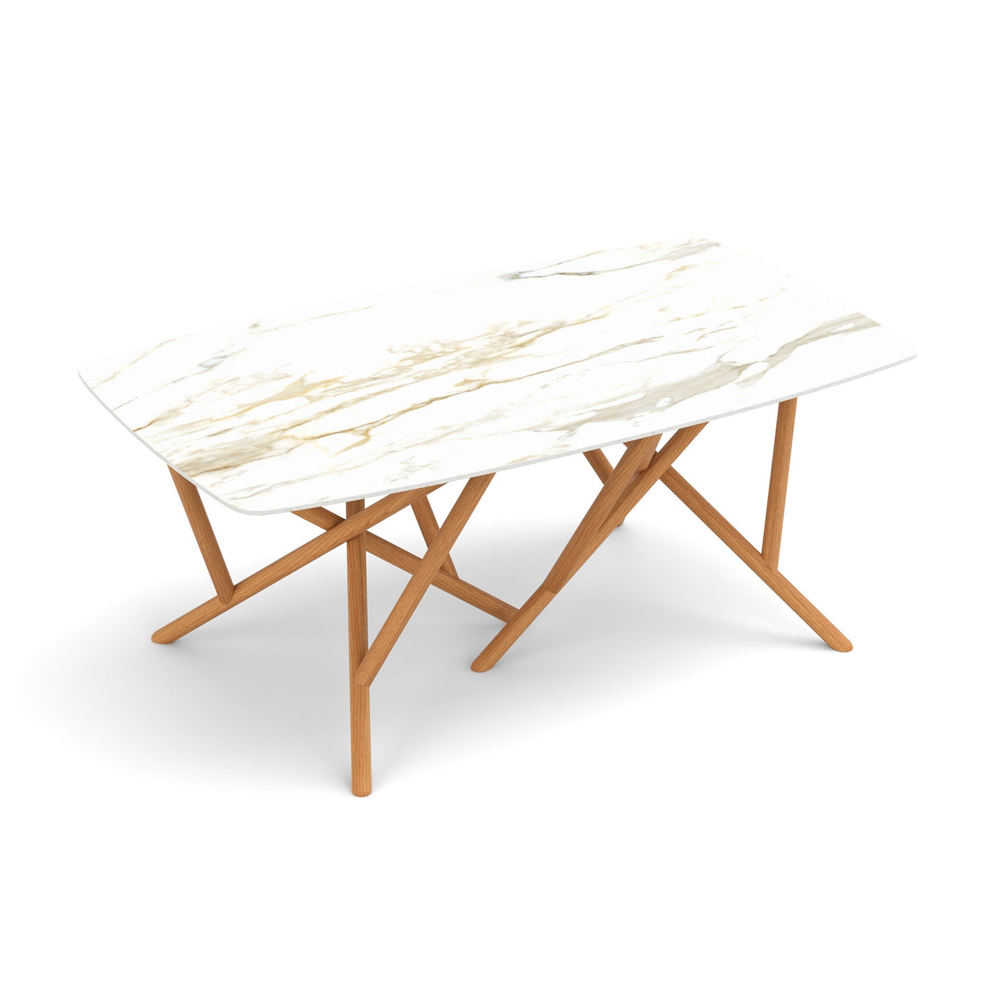 Baton Sintered Stone Top Table by Copeland Furniture features a modern stone surface and light wood crossed legs for a minimalist, American-made look.