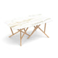 Baton Sintered Stone Top Table by Copeland Furniture with a white marble-patterned surface and modern crisscross light wood legs.
