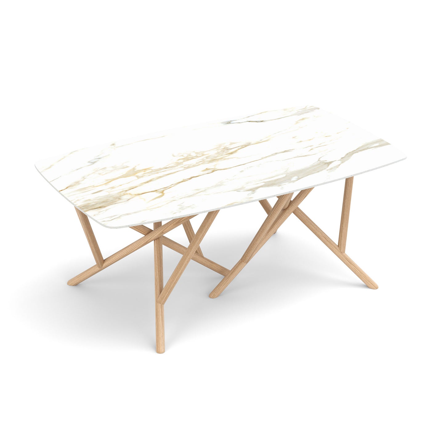 Baton Sintered Stone Top Table by Copeland Furniture with a white marble-patterned surface and modern crisscross light wood legs.