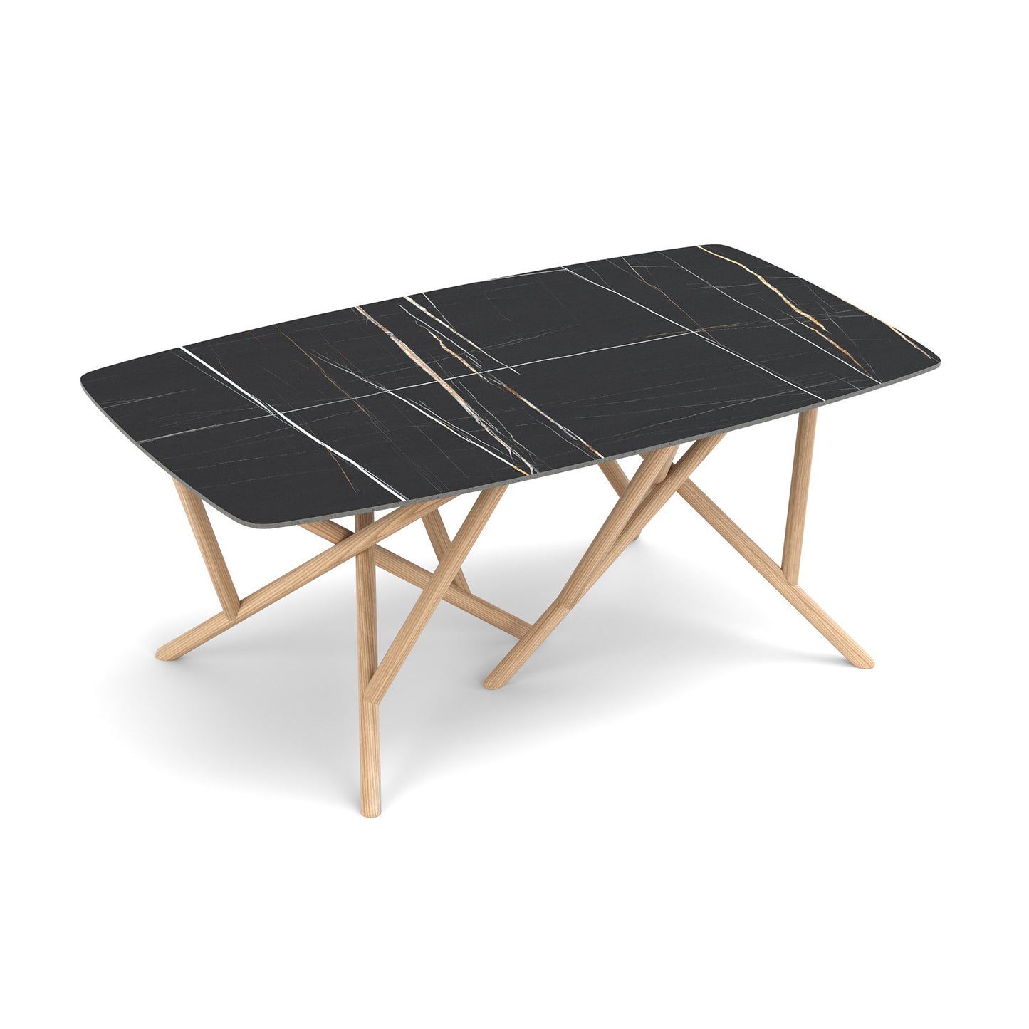 Baton Sintered Stone Top Table by Copeland Furniture with black stone surface and light wood crisscross legs in a sleek, modern style.