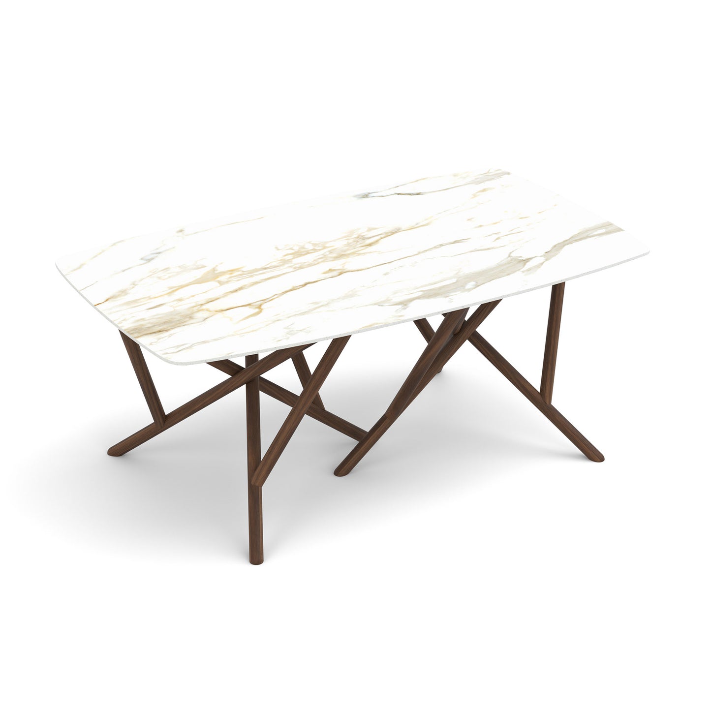 Baton Sintered Stone Top Table by Copeland Furniture featuring a white stone top and brown intersecting legs, highlighting its modern American design.
