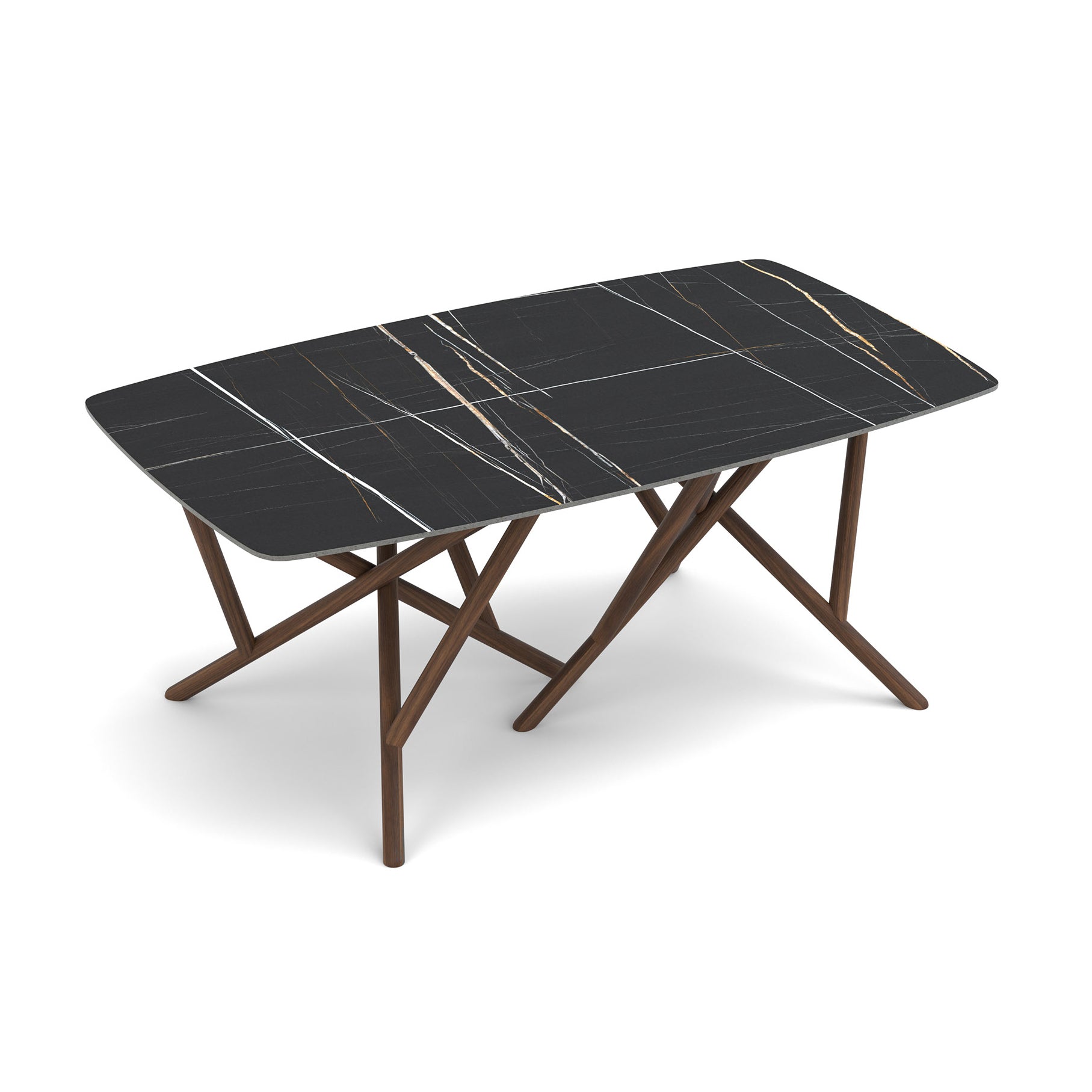 Baton Sintered Stone Top Table by Copeland Furniture features a black marble-look top with white and gold veining and distinctive crossed wooden legs.