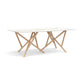 Baton Sintered Stone Top Table by Copeland Furniture with a sleek white top and light wood crossed-leg base, American made craftsmanship.