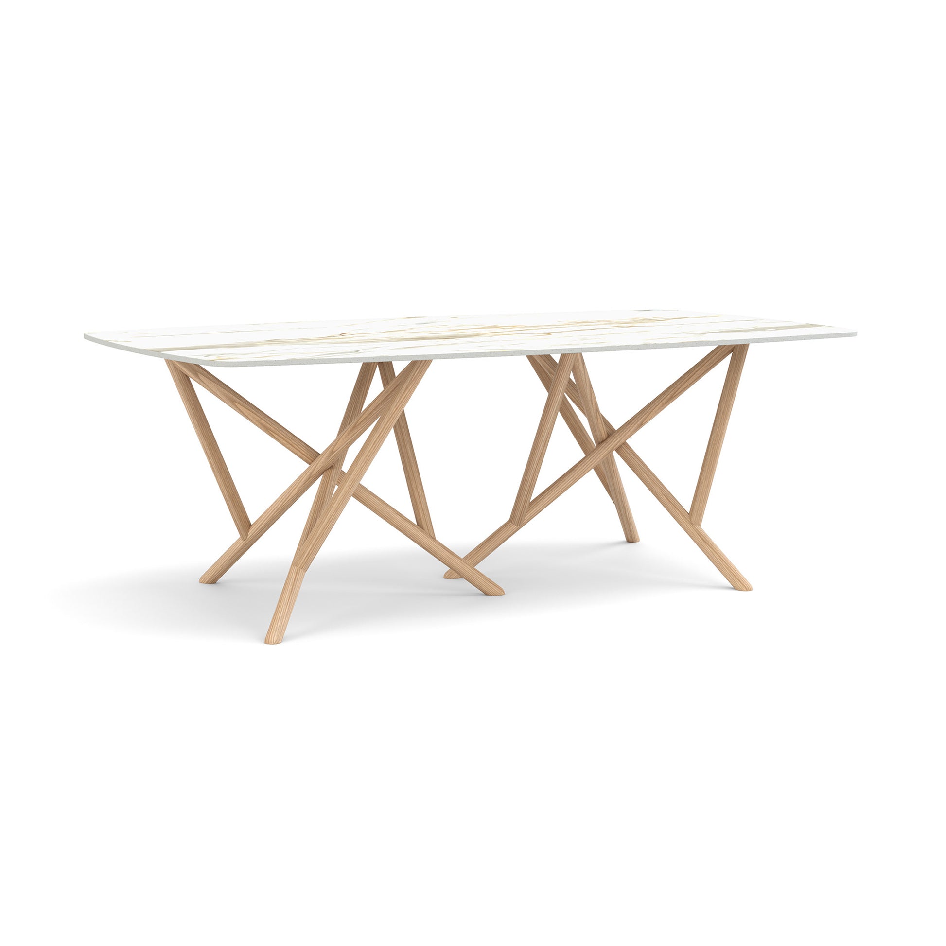Baton Sintered Stone Top Table by Copeland Furniture with a sleek white top and light wood crossed-leg base, American made craftsmanship.