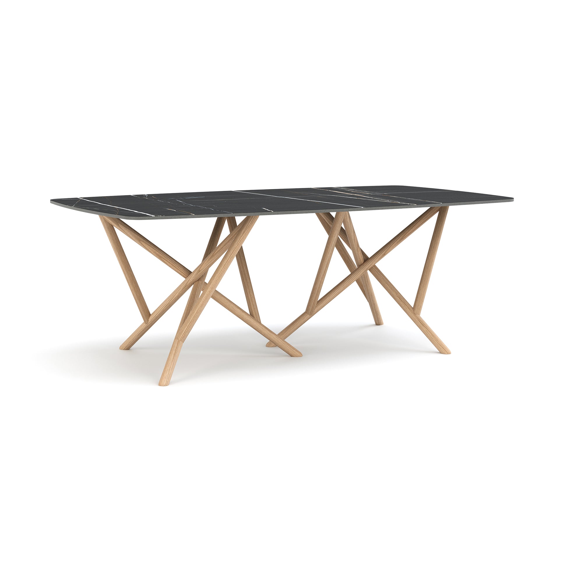 Baton Sintered Stone Boat Top Table by Copeland Furniture with a black marble top and geometric light wood legs, American made artisan craftsmanship.