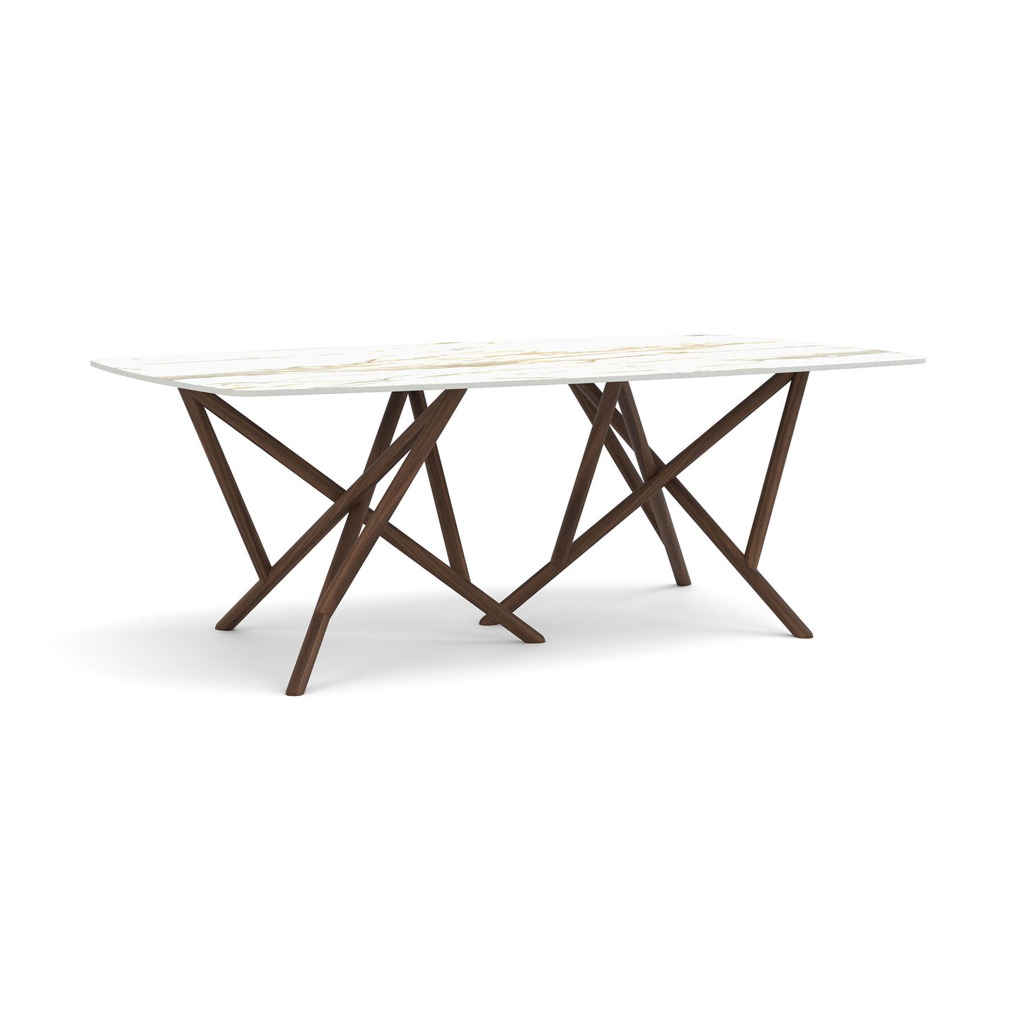 Copeland Furniture Baton Table with a sleek white sintered stone top and distinctive crisscross legs, showcasing modern American craftsmanship.