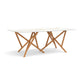 Baton Sintered Stone Top Table by Copeland Furniture with a durable white stone top and striking geometric wooden crisscross legs, American made.