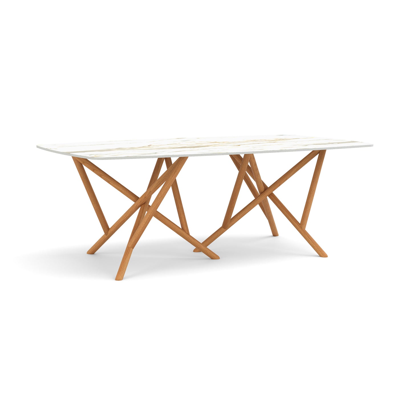 Baton Sintered Stone Top Table by Copeland Furniture with a durable white stone top and striking geometric wooden crisscross legs, American made.