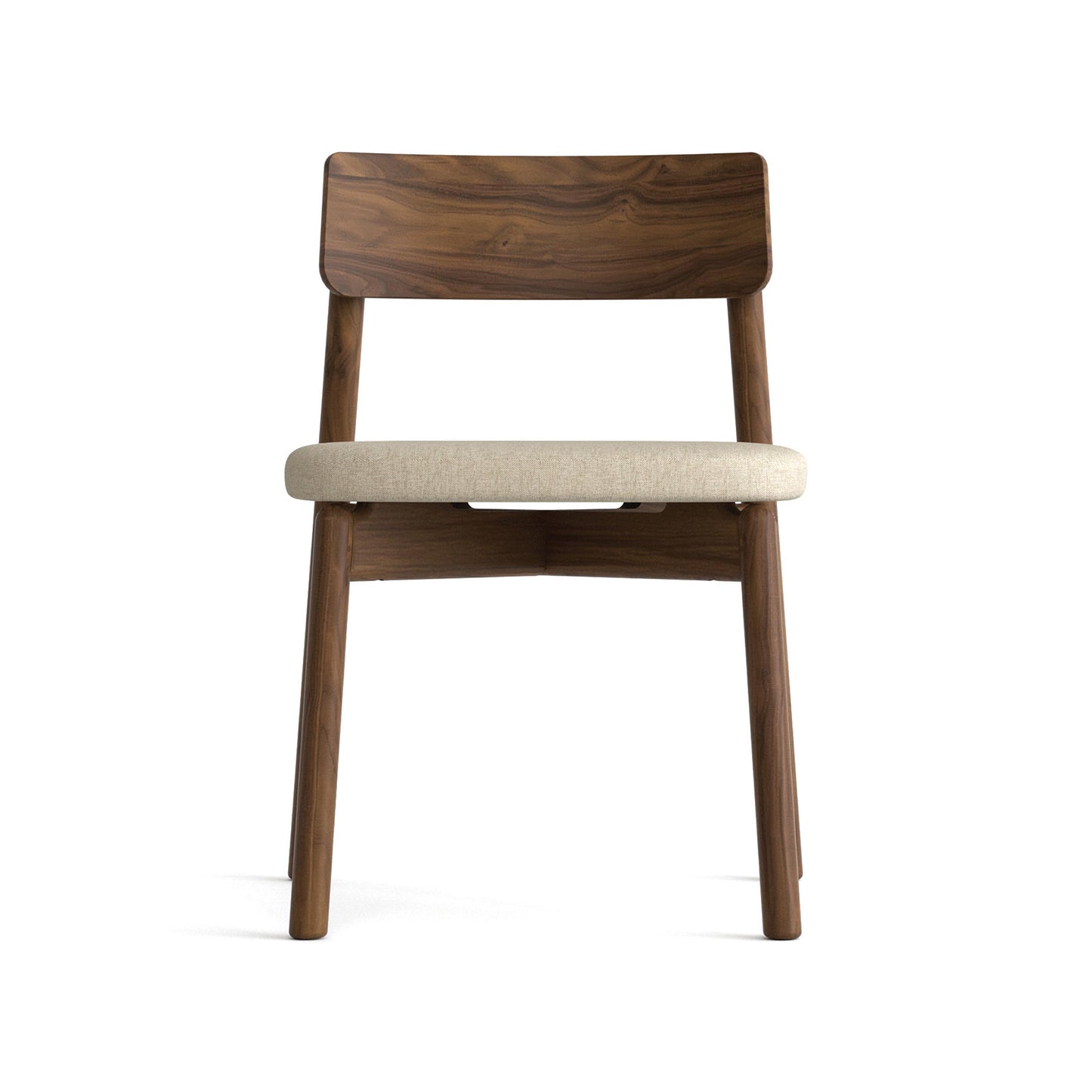 Copeland Furniture Baton Chair featuring a beige cushion and elegant curved backrest, shown from the front. American made hardwood craftsmanship.