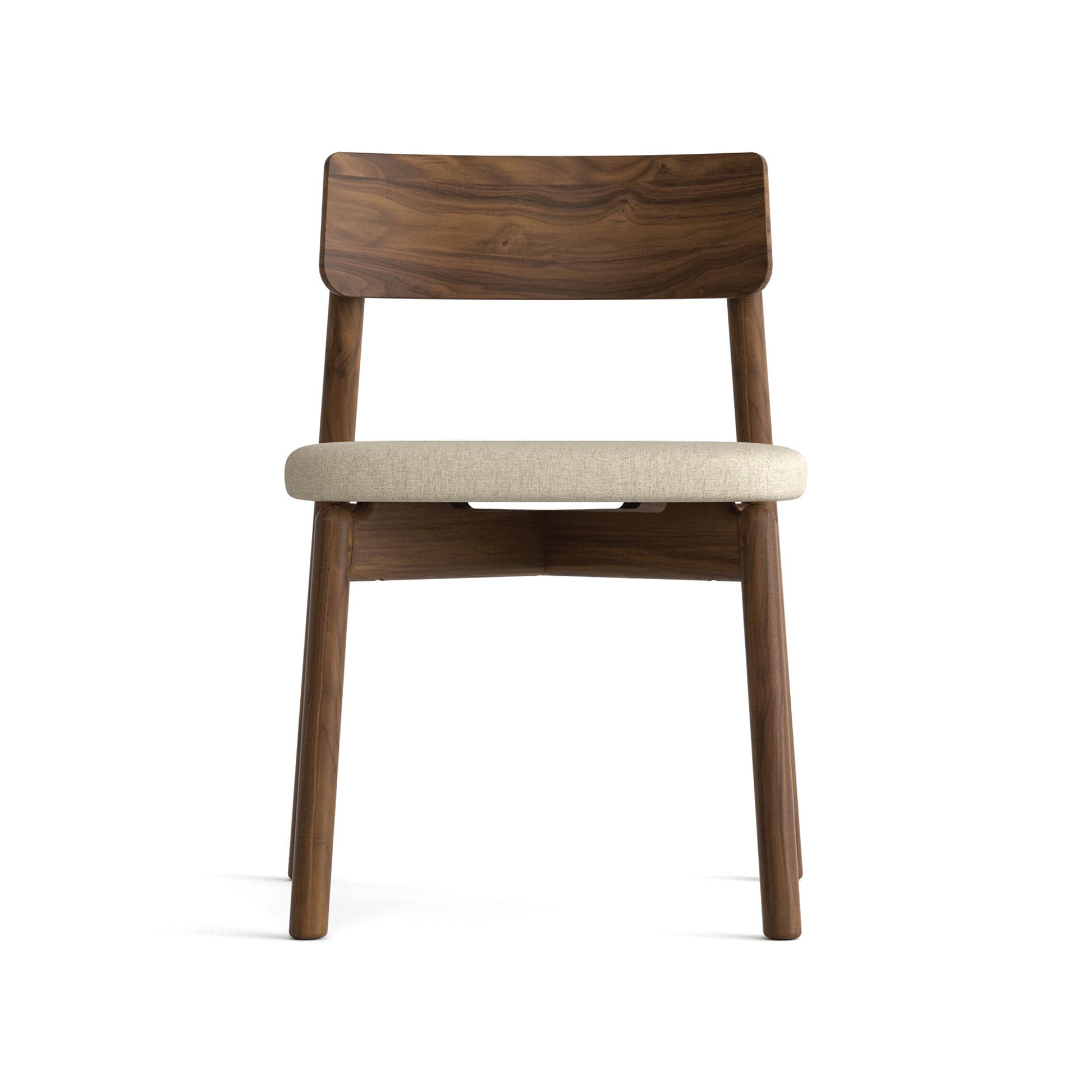 Copeland Furniture Baton Chair featuring a beige cushion and elegant curved backrest, shown from the front. American made hardwood craftsmanship.