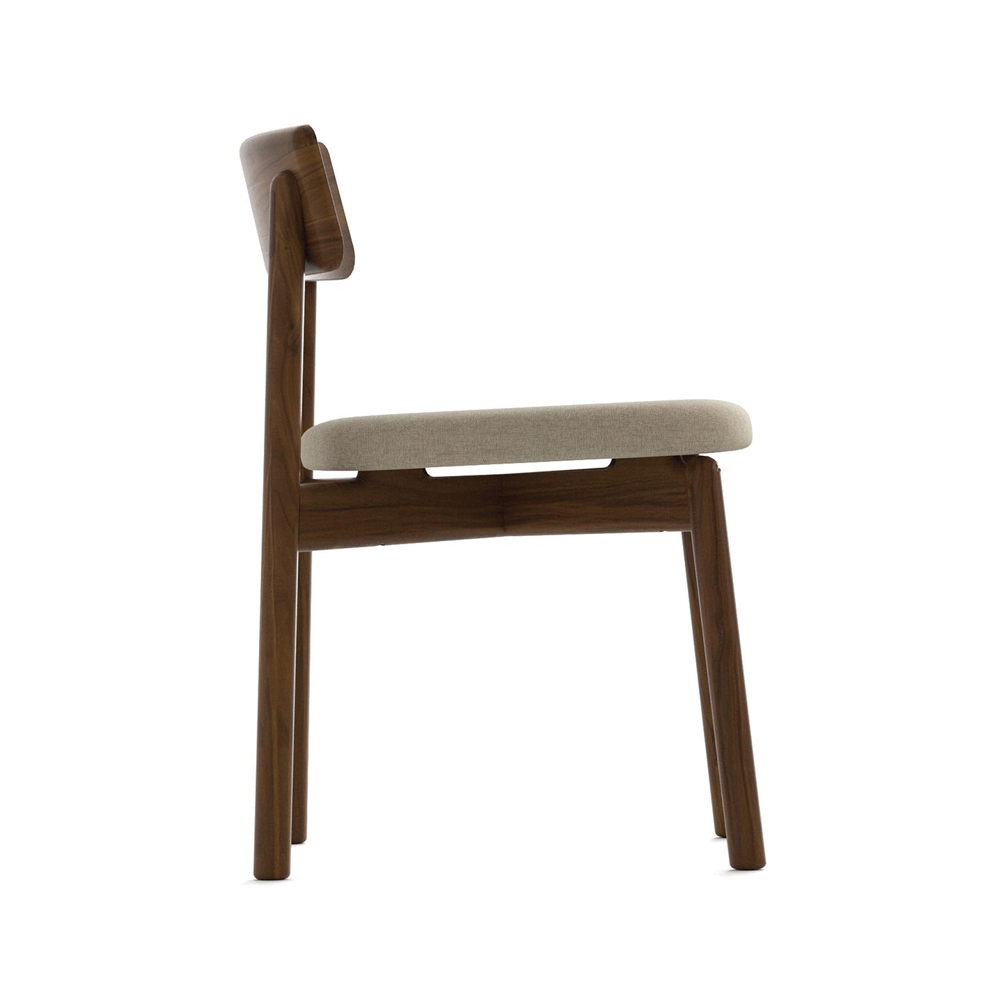 Copeland Furniture Baton Chair shown from the side, highlighting its beige cushioned seat and elegant curved backrest.