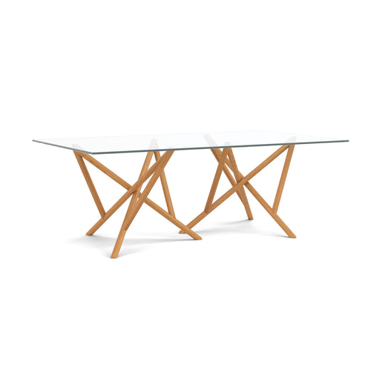 Baton Rectangular Glass Top Table by Copeland Furniture with a striking geometric wood base and crisscrossed legs, handcrafted in Vermont.