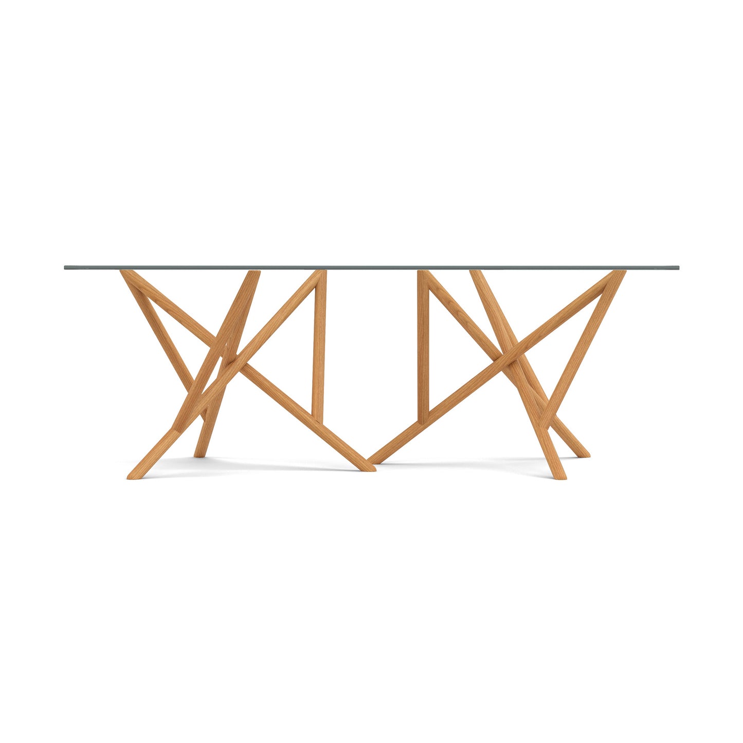 Baton Rectangular Glass Top Table by Copeland Furniture with modern geometric wooden base and angled supports, handcrafted in Vermont.