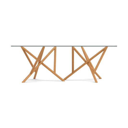Baton Rectangular Glass Top Table by Copeland Furniture with modern geometric wooden base and angled supports, handcrafted in Vermont.