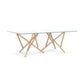 Baton Rectangular Glass Top Table by Copeland Furniture with a modern geometric wood base and clear glass top, American made craftsmanship highlighted.
