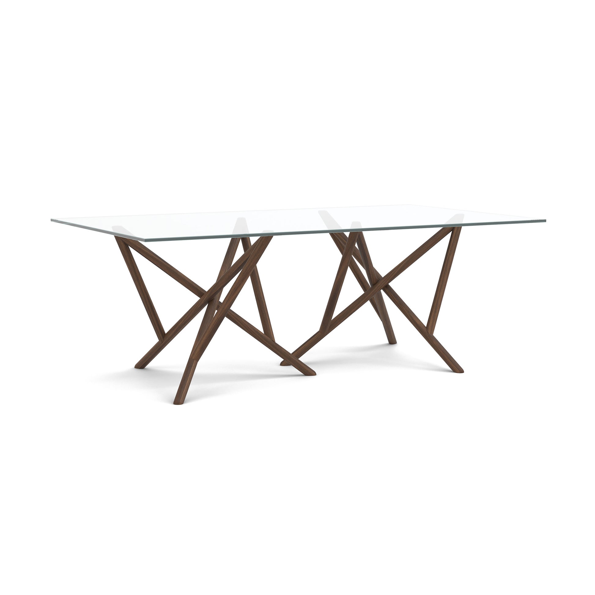Baton Rectangular Glass Top Table by Copeland Furniture featuring striking intersecting angled legs and a contemporary, handcrafted American wood design.