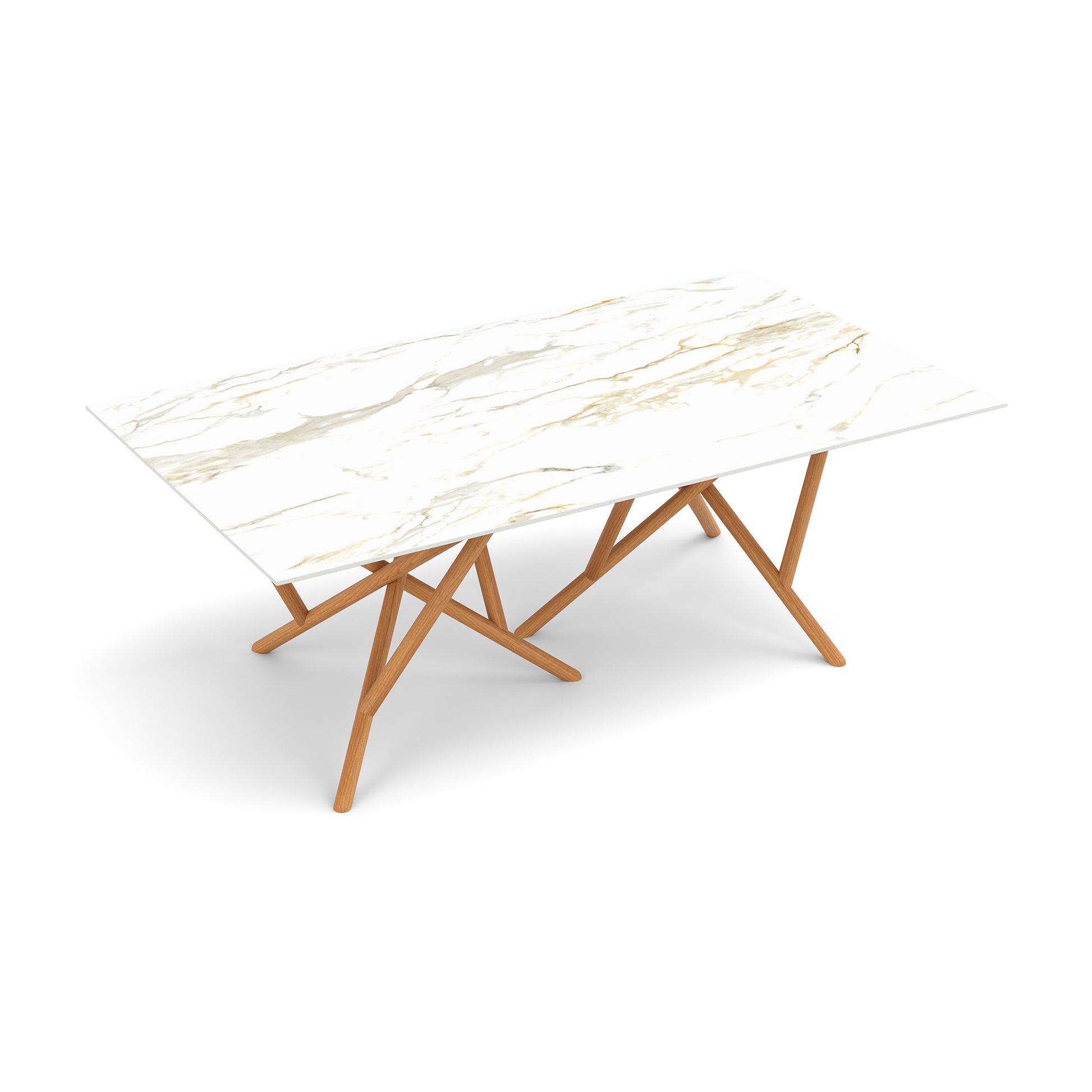 Baton Sintered Stone Top Table by Copeland Furniture with a white marble-patterned top and distinctive crisscross solid wood legs, American made.