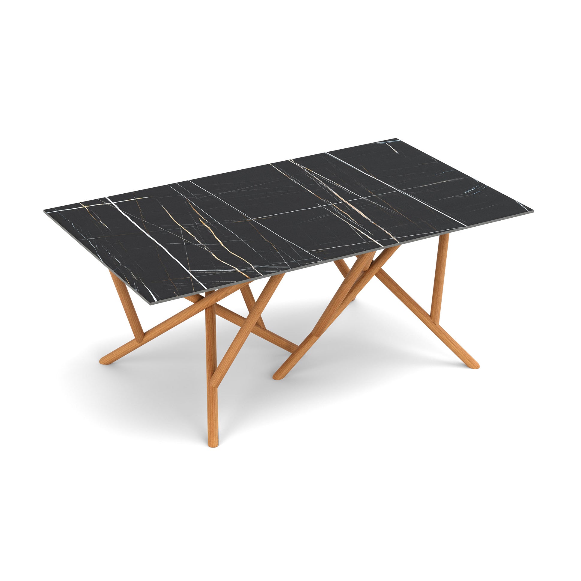 Copeland Furniture Baton Table with a sintered stone top featuring black, white, and gold veining on light solid wood legs, American made.