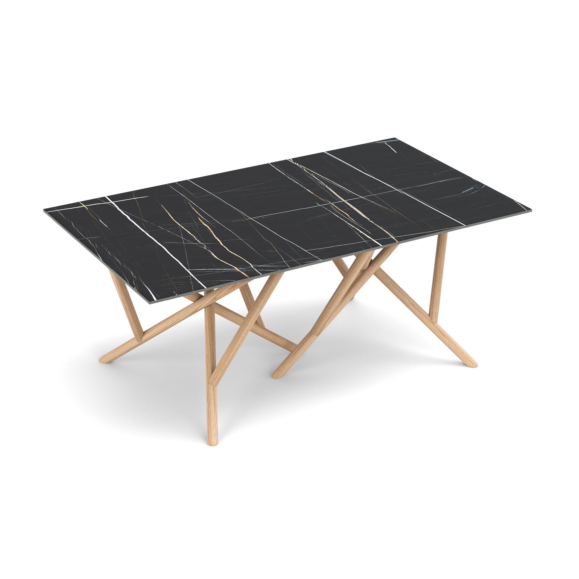 Baton Table by Copeland Furniture with a rectangular sintered stone top featuring gold veins and crisscross light wood legs, American made.