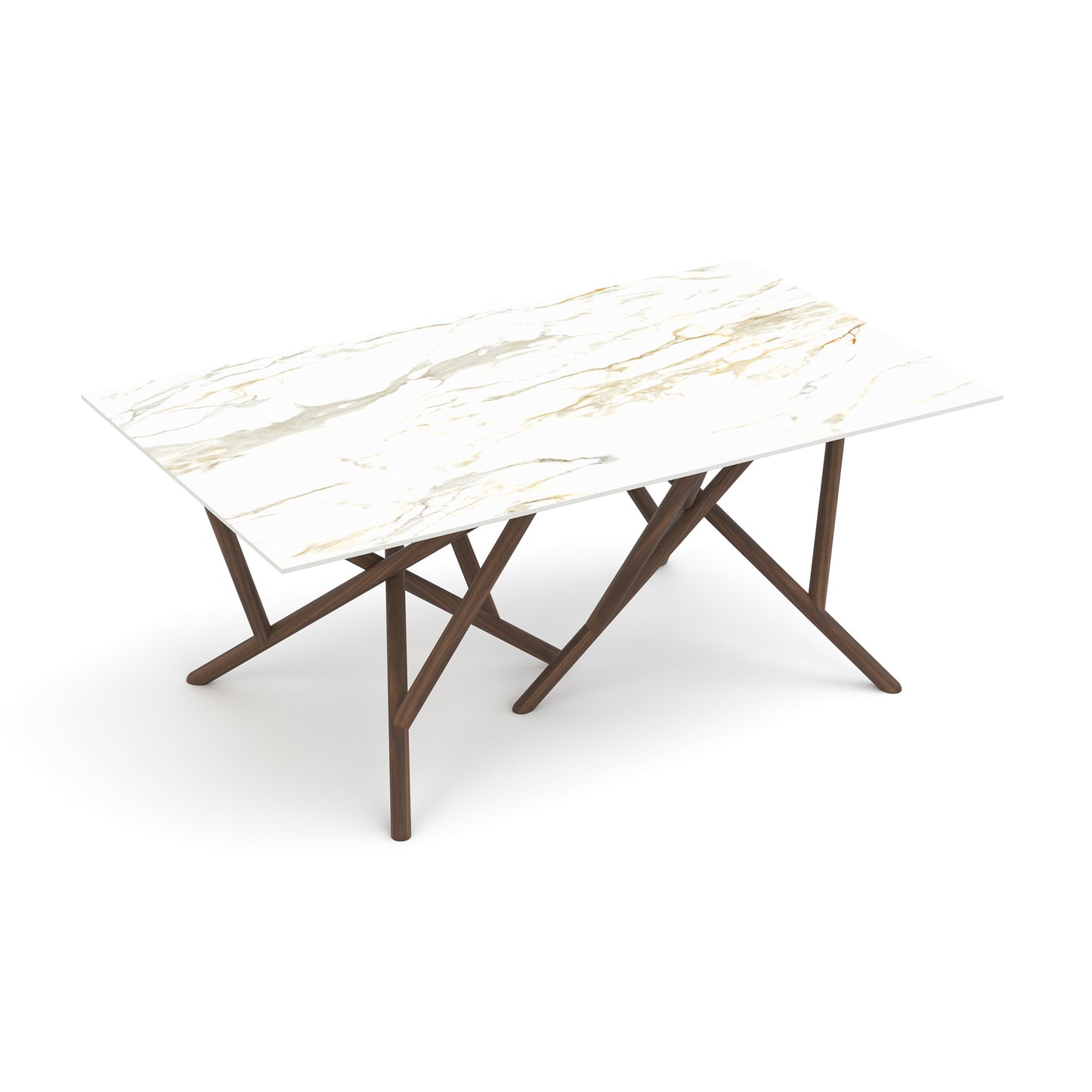 Baton Sintered Stone Top Table by Copeland Furniture featuring a white marble finish with gold veining and an angular solid brown wood base.