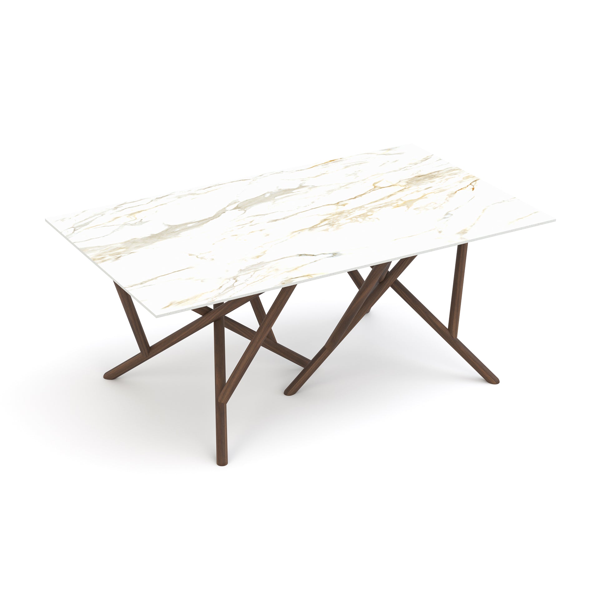 Baton Sintered Stone Top Table by Copeland Furniture featuring a white marble finish with gold veining and an angular solid brown wood base.