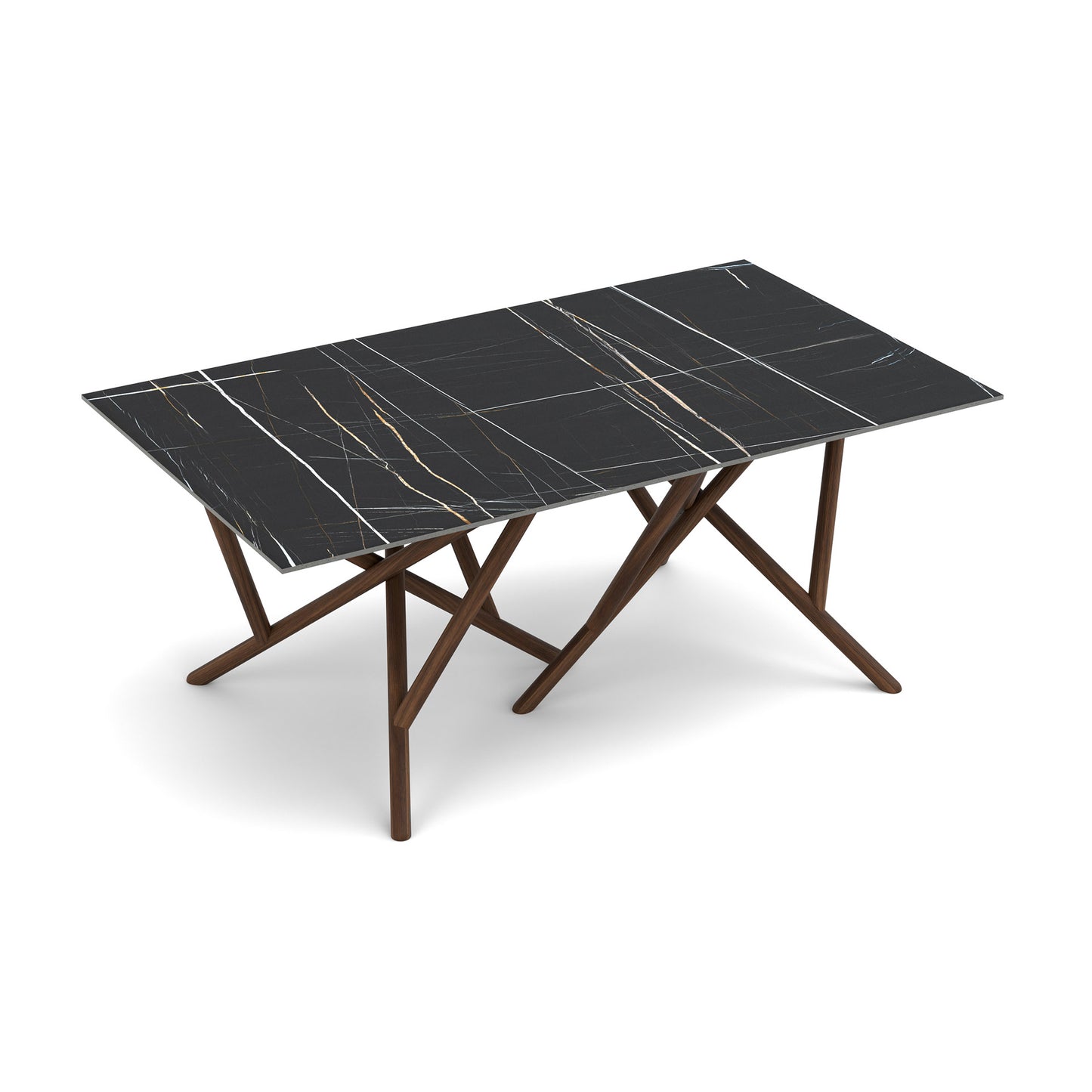 Baton Sintered Stone Top Table by Copeland Furniture features a sleek black stone top and angular wood legs, crafted in America.