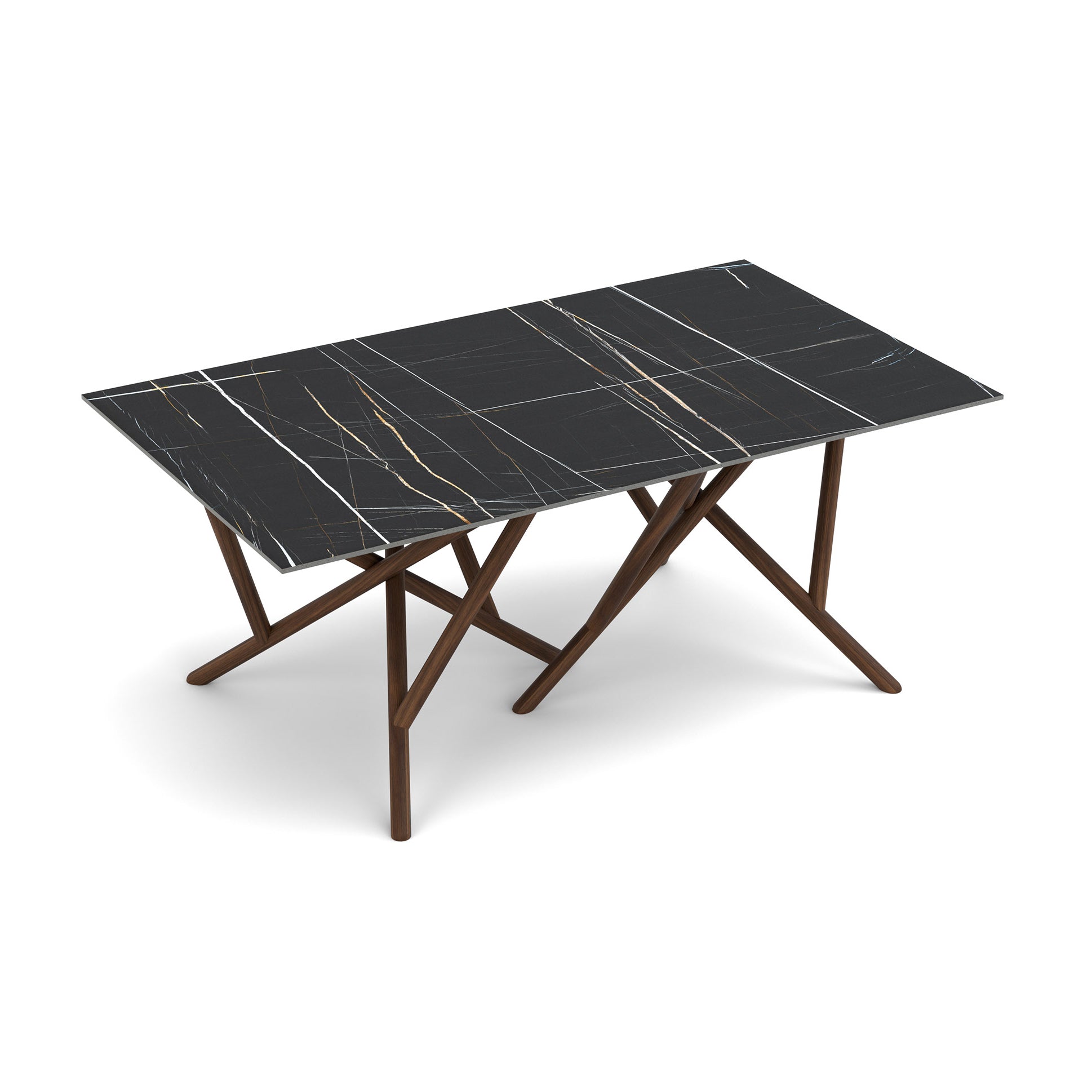 Baton Sintered Stone Top Table by Copeland Furniture features a sleek black stone top and angular wood legs, crafted in America.