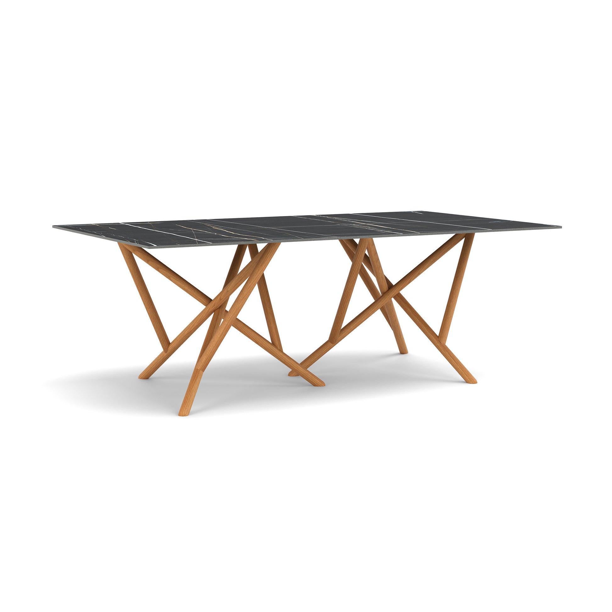 Baton Sintered Stone Top Table by Copeland Furniture with a crisscross solid wood base and modern sintered stone surface, American made craftsmanship.