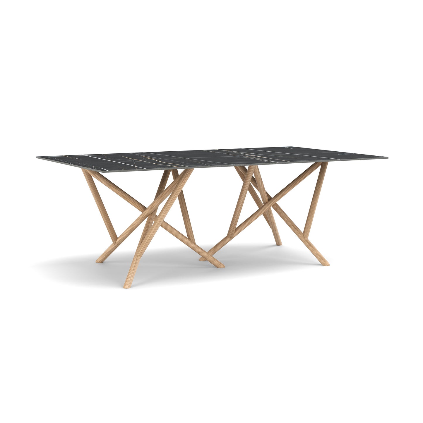 Baton Sintered Stone Top Table by Copeland Furniture with a black stone top and intersecting light wood legs, showcasing modern American craftsmanship.