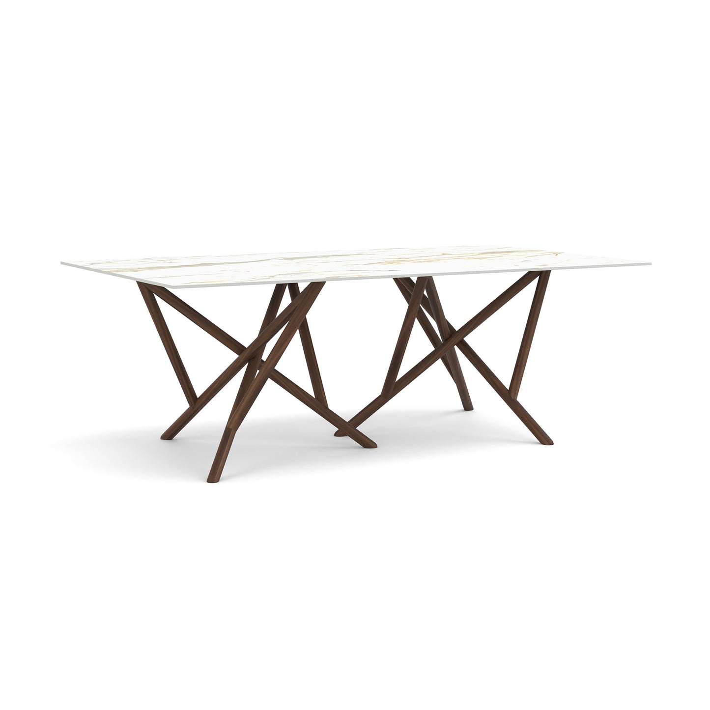 Copeland Furniture Baton Sintered Stone Top Table with geometric dark wood legs, showcasing American craftsmanship and modern style.