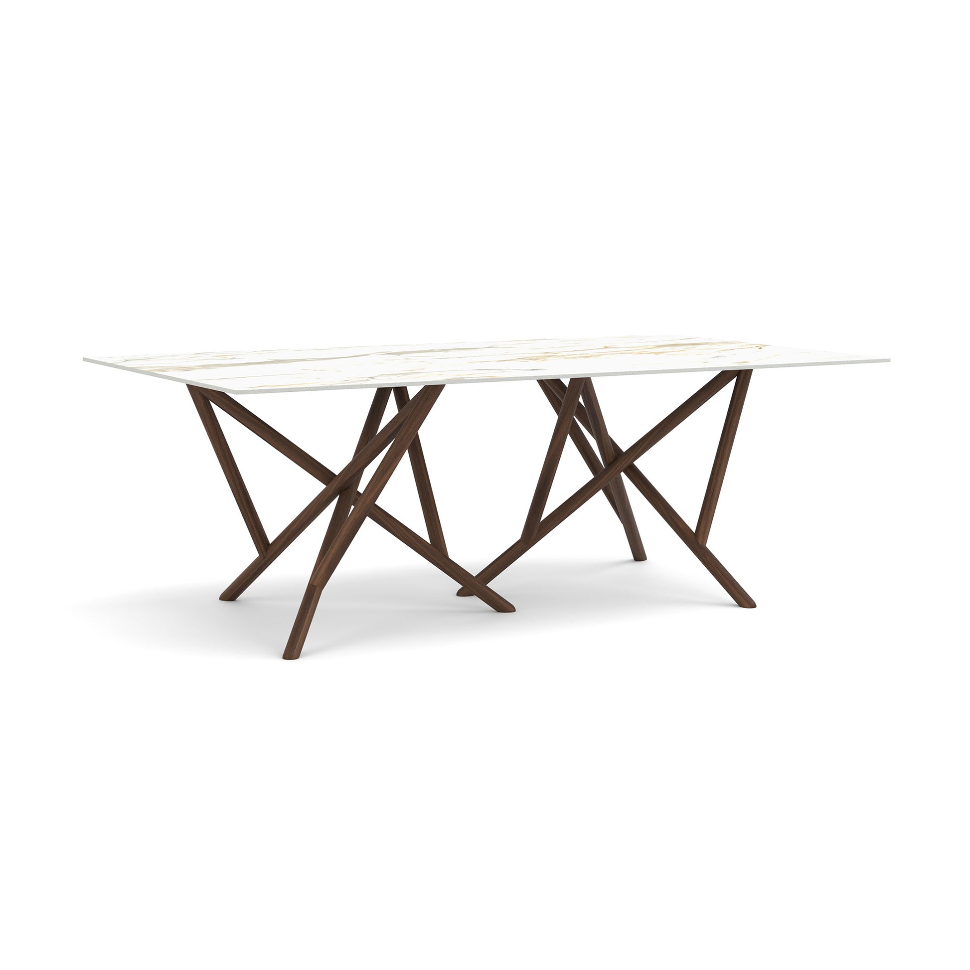 Copeland Furniture Baton Sintered Stone Top Table with geometric dark wood legs, showcasing American craftsmanship and modern style.
