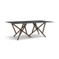 Baton Sintered Stone Top Table by Copeland Furniture with a black marble-look surface and intersecting solid brown wood legs, crafted in the USA.