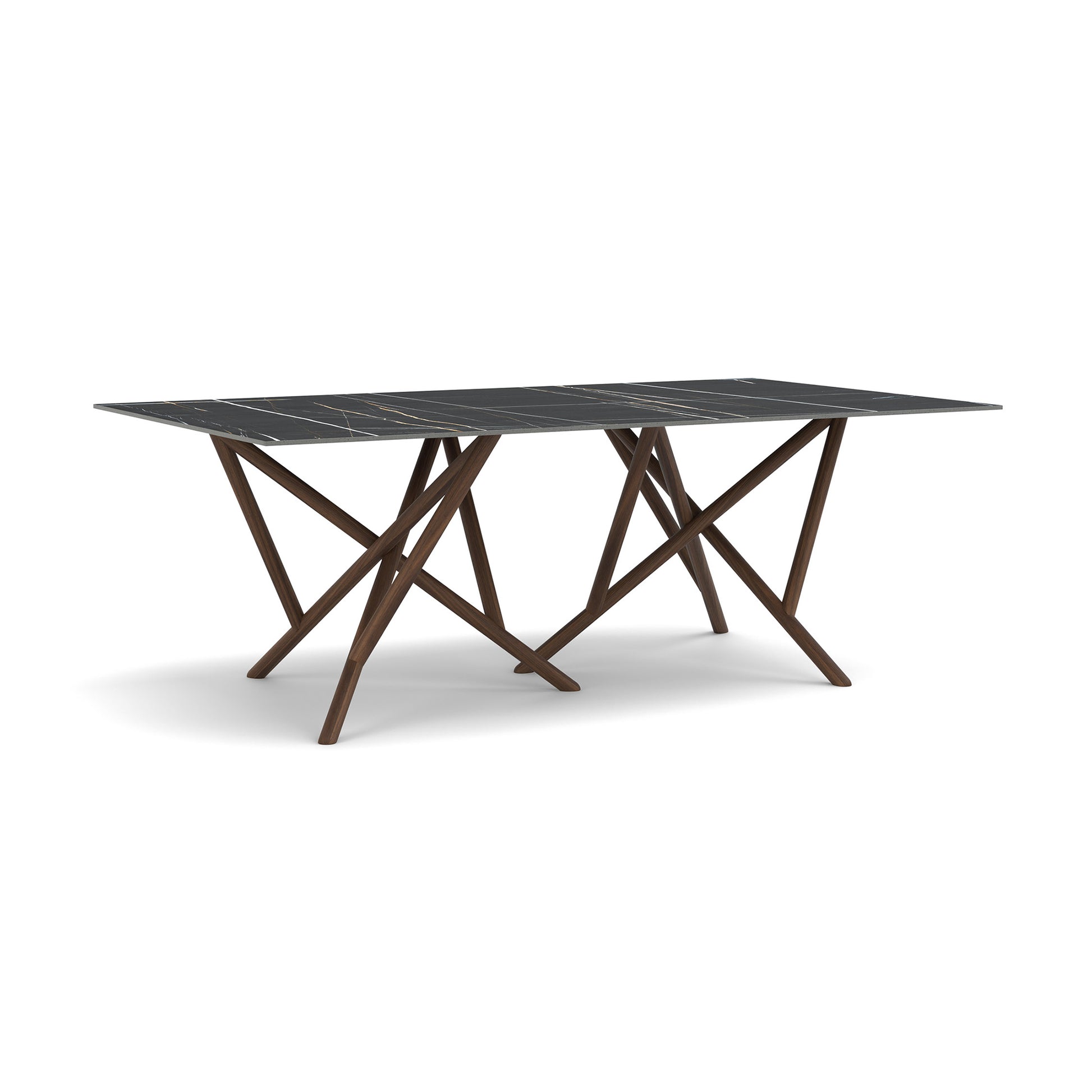 Baton Sintered Stone Top Table by Copeland Furniture with a black marble-look surface and intersecting solid brown wood legs, crafted in the USA.