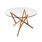 Baton Round Glass Top Table by Copeland Furniture with a striking geometric wood base, showcasing modern American craftsmanship.