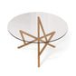 Baton Round Glass Top Table by Copeland Furniture, with a striking geometric wooden base and elegant round glass top, American made quality.