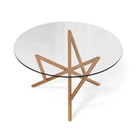 Baton Round Glass Top Table by Copeland Furniture, with a striking geometric wooden base and elegant round glass top, American made quality.