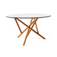 Copeland Furniture Baton Round Glass Top Table with striking geometric wooden base, expertly crafted in America from the Baton Dining Collection.