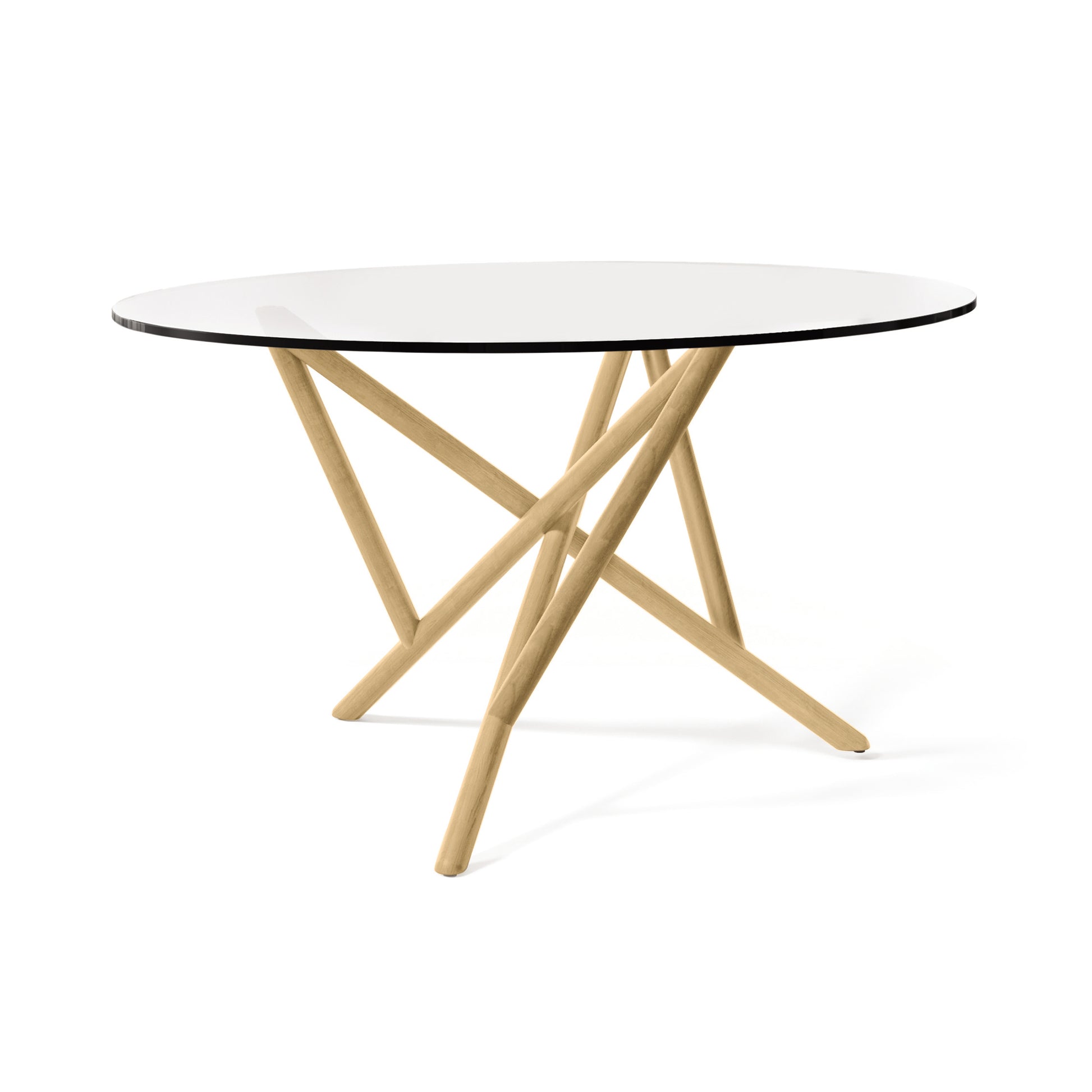 Baton Round Glass Top Table by Copeland Furniture with a clear glass top and modern intersecting solid wood legs, crafted in Vermont.