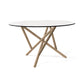 Baton Round Glass Top Table by Copeland Furniture with intersecting natural wood legs in a striking geometric pattern, handcrafted in Vermont.