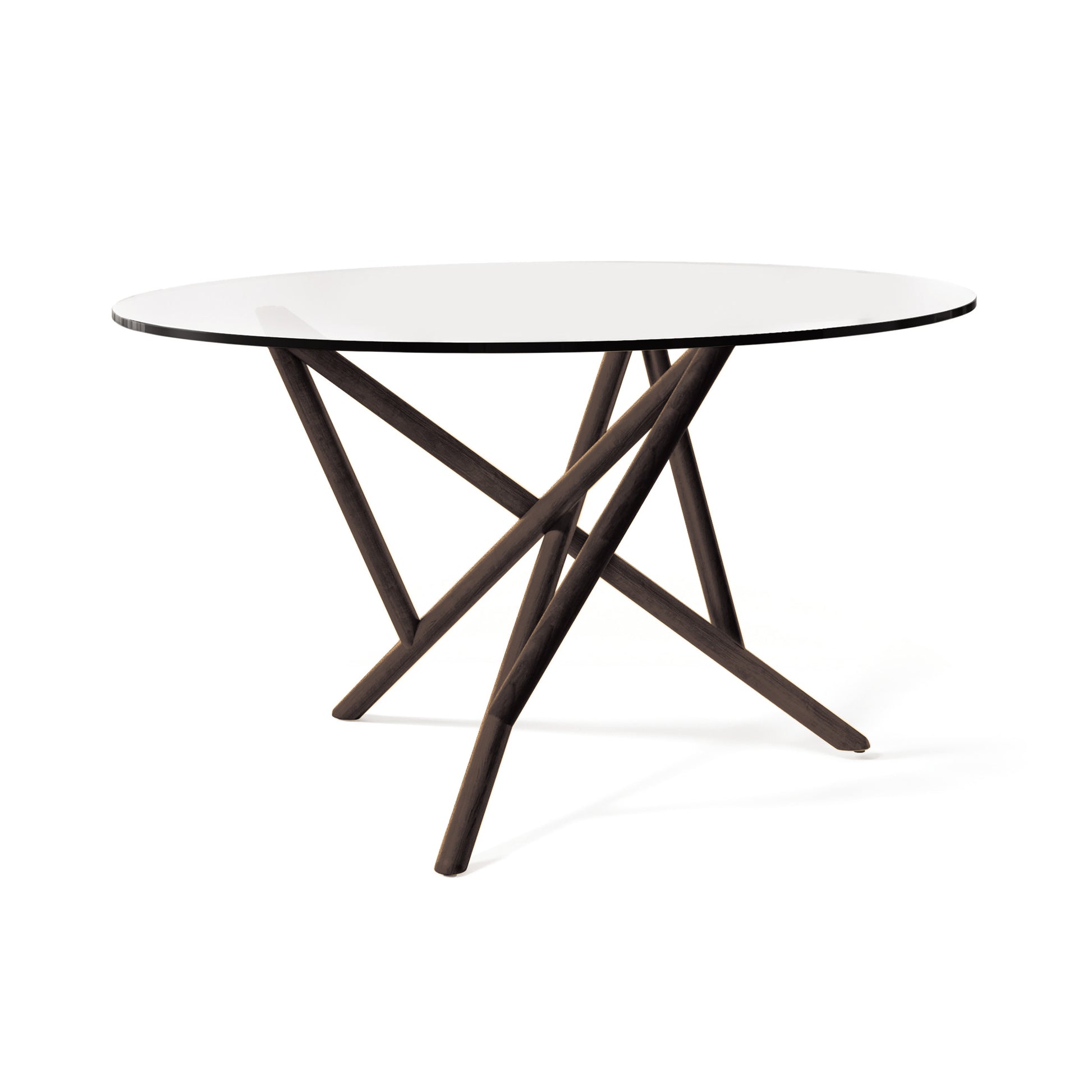 Baton Round Glass Top Table by Copeland Furniture with elegant intersecting angled wooden legs, showcasing American made craftsmanship.