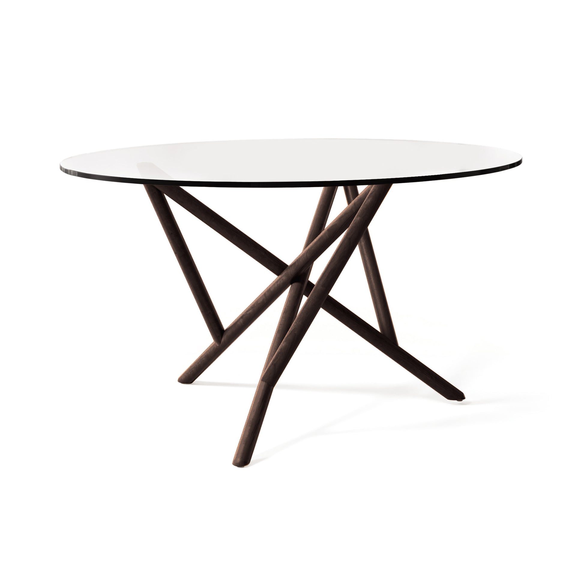 Baton Round Glass Top Table by Copeland Furniture featuring a smooth glass top and striking intersecting solid wood base, American made.