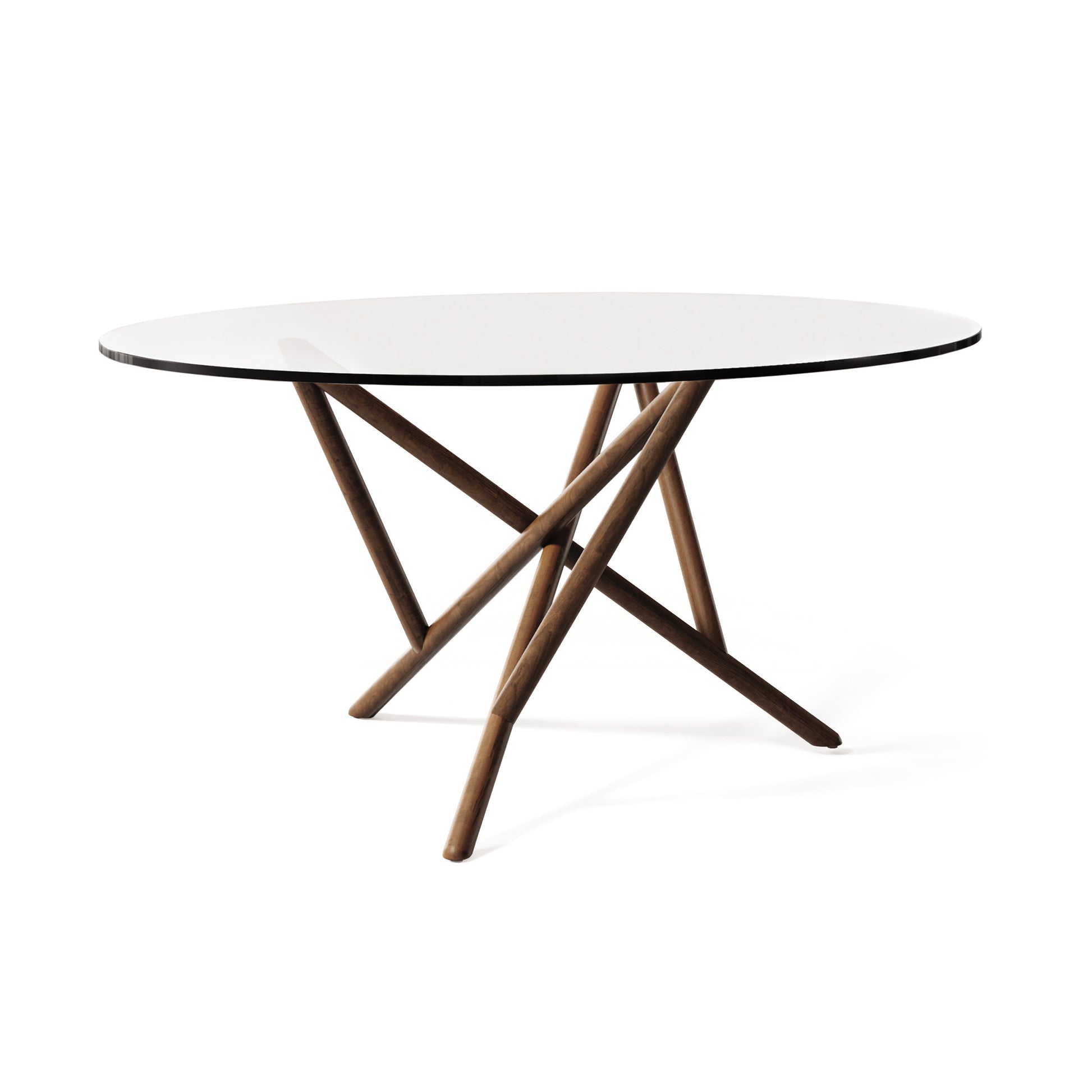 Baton Round Glass Top Table by Copeland Furniture with elegant intersecting wooden legs, highlighting American craftsmanship.