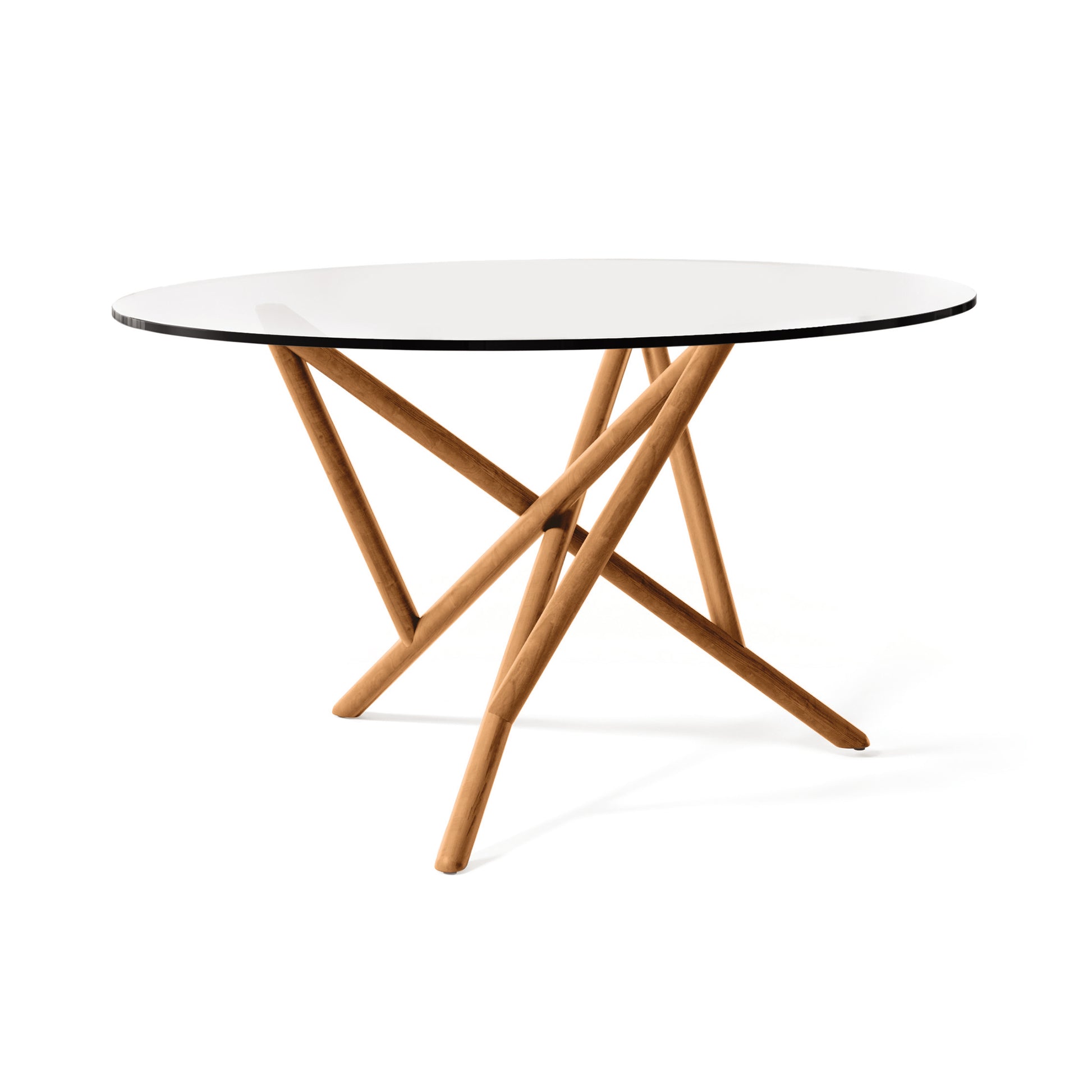 Baton Round Glass Top Table by Copeland Furniture, showcasing intersecting geometric angled wood legs for a modern, American-made statement piece.