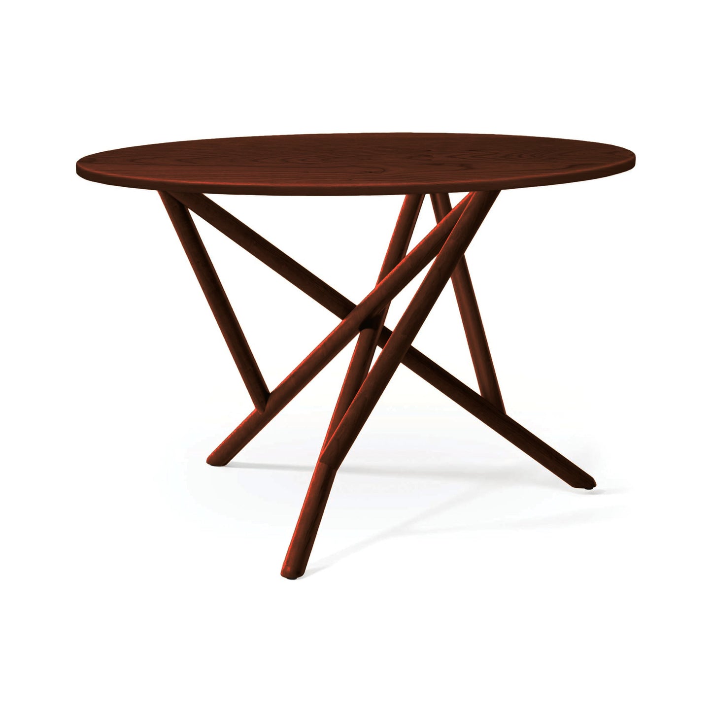 Baton Round Solid Top Dining Table by Copeland Furniture crafted from solid wood with a rich dark finish and distinctive angled legs. American made quality furniture.