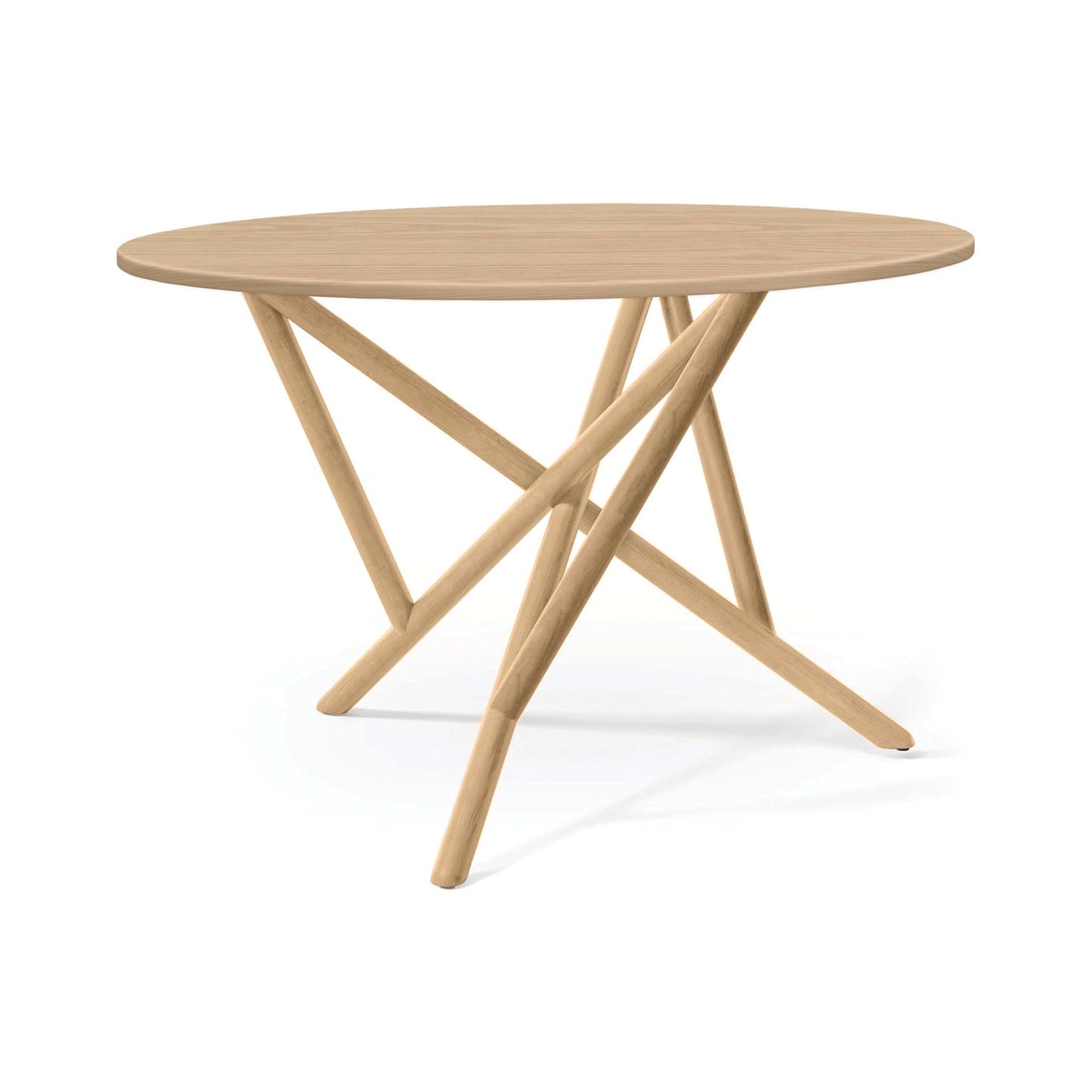 Baton Round Solid Top Dining Table by Copeland Furniture with distinctive angled legs and a sleek, contemporary solid wood top, American made.