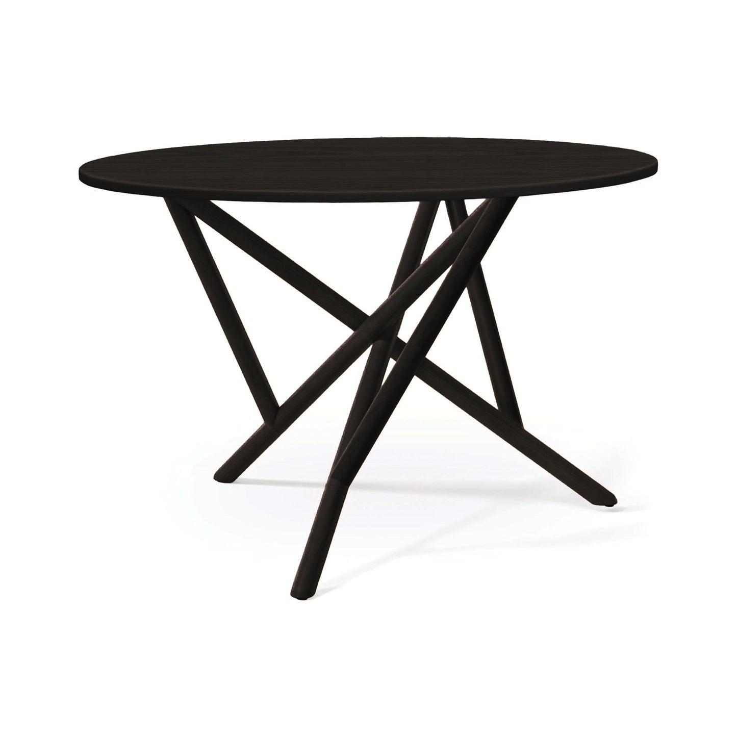 Baton Round Solid Top Dining Table by Copeland Furniture features a modern black wood design with angled legs, expertly crafted in the USA.
